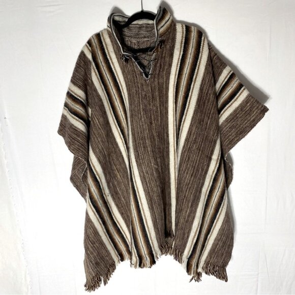 Unisex Brown Tan Striped Woven Alpaca Wool Poncho - Picture 11 of 11